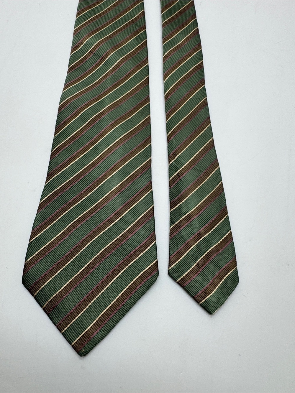 Turnbull & Asser Green Striped Silk Tie with Brown and Cream Accents #0045 - Picture 3 of 5